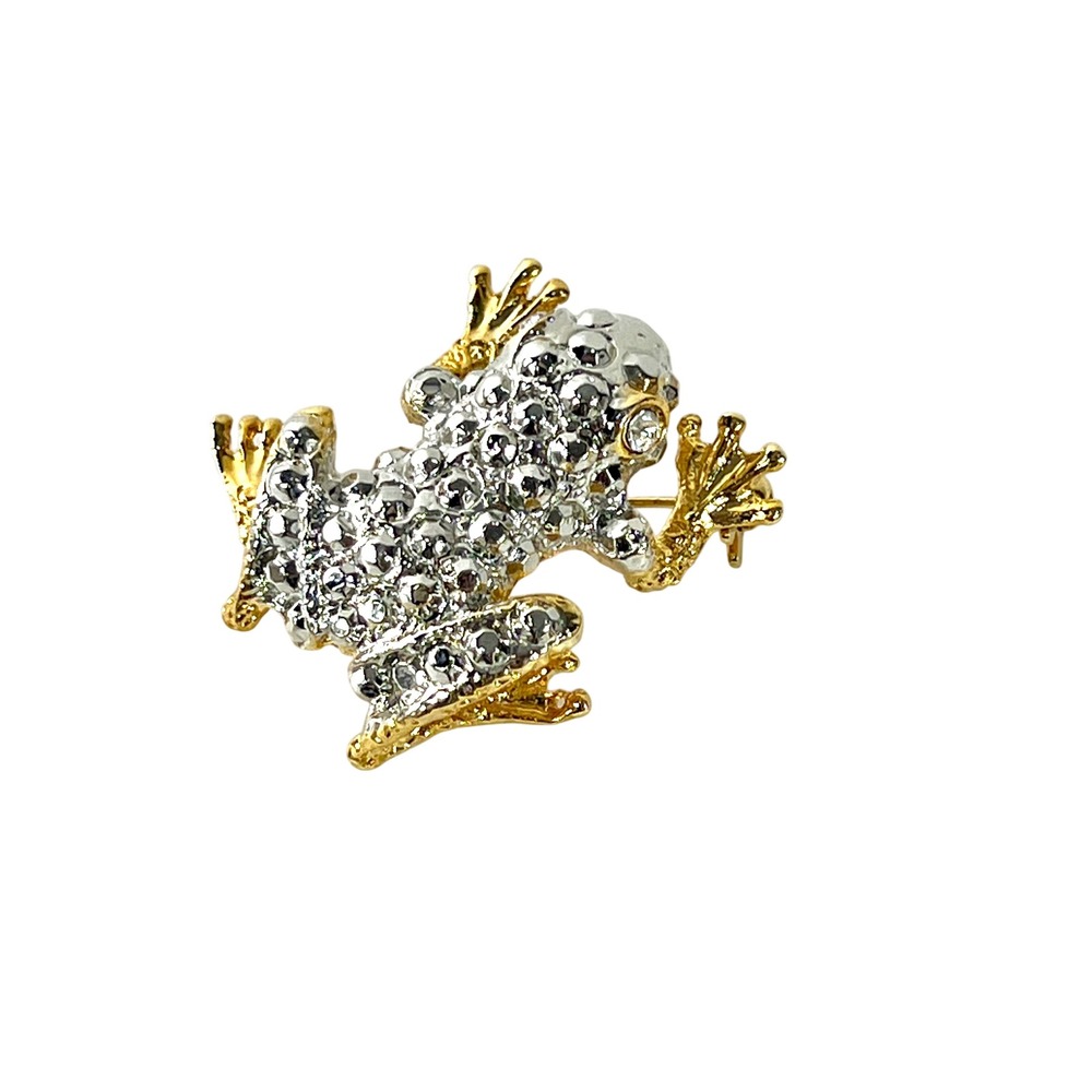Vintage Frog Brooch Gold Silver Tone Rhinestone Eye Pave Effect Toad Pin